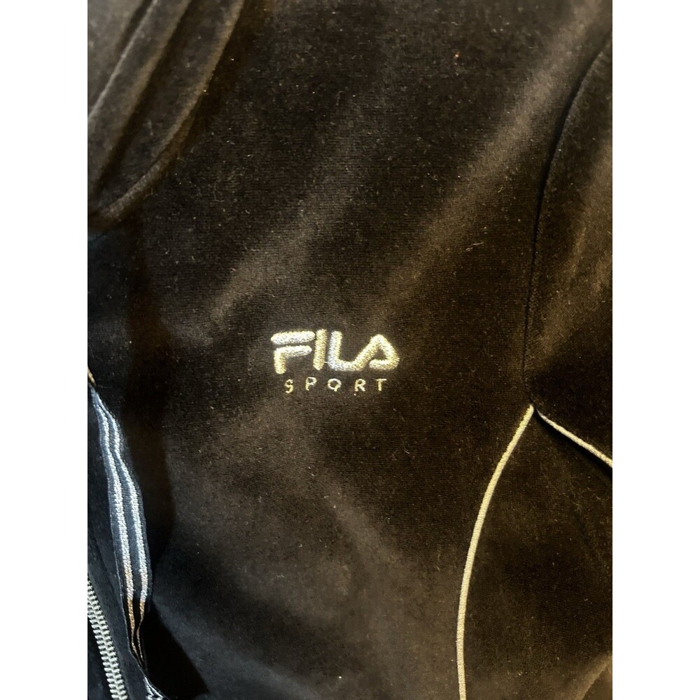 Fila Black Velour Zip Up Hoodie Track Jacket Coral White Stripe Womens Medium - Picture 4 of 16
